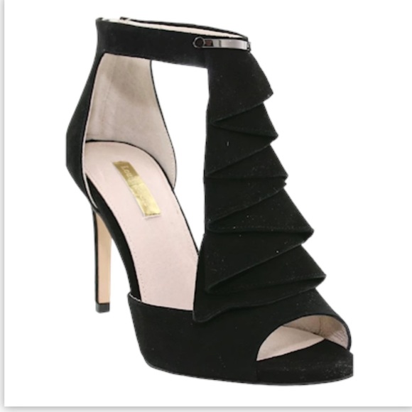 Louise et Cie Suede Peep Toe Ruffle Stiletto Zipper Heels Black Women Size 9.5 - Picture 1 of 16